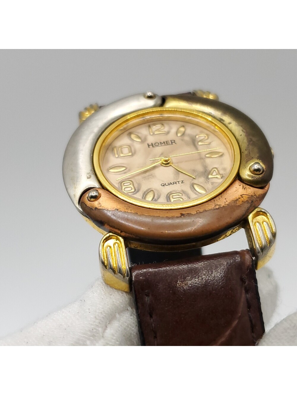 Homer Quartz Three Tone Bezel Watch New Battery 33mm Brown Leather Band - Picture 10 of 16
